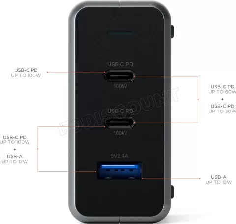 Photo de Chargeur secteur Satechi Compact GaN Charger 1x port USB-A + 2x port USB-C 100W (Argent)