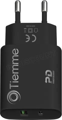 Photo de Chargeur secteur Tiemme 1 port USB-A + 1 port USB-C 20W (Noir)