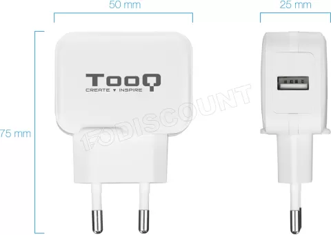 Photo de Chargeur secteur TooQ 1 port USB 12W (Blanc)