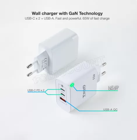 Photo de Chargeur secteur TooQ 1x port USB-A + 2x ports USB-C 65W (Blanc)