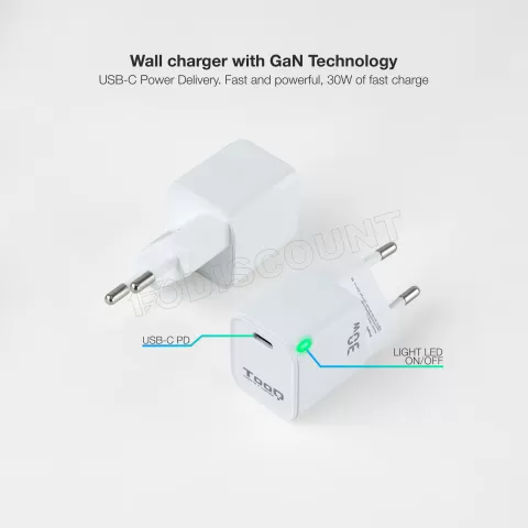 Photo de Chargeur secteur TooQ TQWC-GANPD30 1 port USB-C 30W (Blanc)