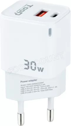 Photo de Chargeur Secteur Tooq TQWC-GANQCPD30WT 1x USB-A + 1x USB-C 30w (Blanc)