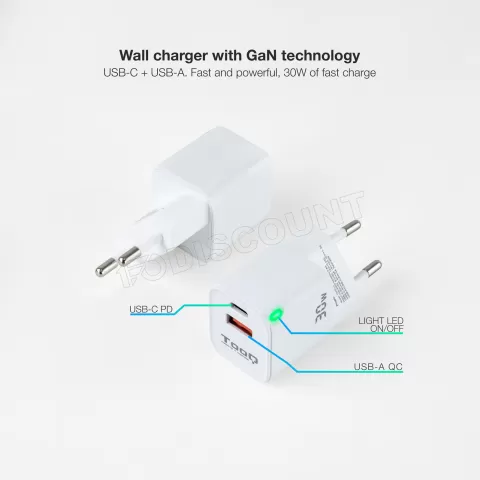 Photo de Chargeur Secteur Tooq TQWC-GANQCPD30WT  1x USB-A + 1x USB-C 30w (Blanc)