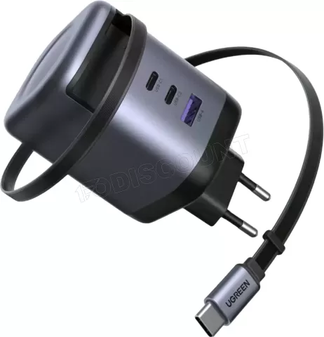 Photo de Chargeur secteur Ugreen 1x USB-A + 2xUSB-C + 1x USB-C rétractable 100W (Noir/Gris)