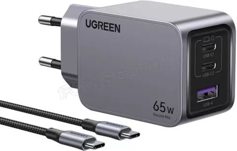 Photo de Chargeur secteur Ugreen Nexode Pro 1x USB-A + 2x USB-C 65W (Gris) + cable USB-C