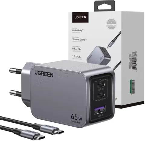 Photo de Chargeur secteur Ugreen Nexode Pro 1x USB-A + 2x USB-C 65W (Gris) + cable USB-C