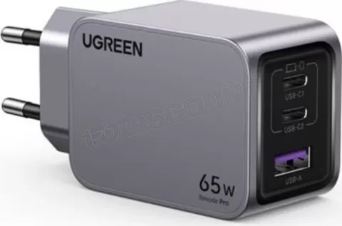 Photo de Chargeur secteur Ugreen Nexode Pro 1x USB-A + 2x USB-C 65W (Gris) + cable USB-C