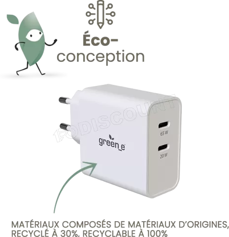 Photo de Chargeur secteur Universel Green-e 2x USB-C - 65W (Blanc)