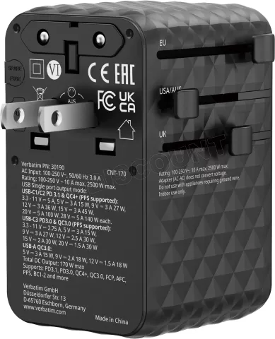 Photo de Chargeur secteur universel Verbatim 1x USB-A + 3x USB-C 170W (Noir)