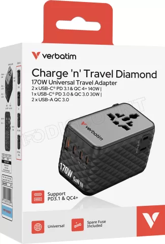 Photo de Chargeur secteur universel Verbatim 1x USB-A + 3x USB-C 170W (Noir)