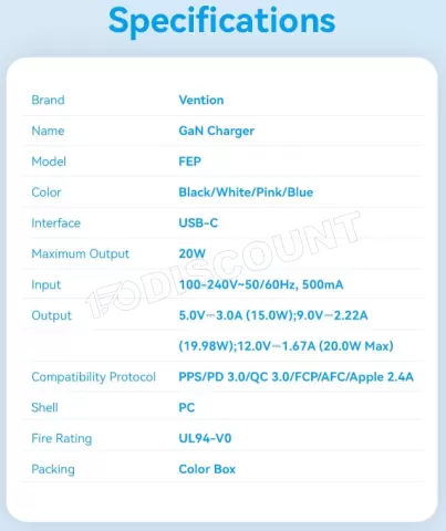 Photo de Chargeur secteur Vention GaN 1 port USB-C 20W (Blanc)
