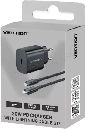 Photo de Chargeur secteur Vention USB-C + Cable USB-C vers Lightning 1m 20W (Noir)