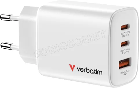 Photo de Chargeur secteur Verbatim Essentials GaN 2x USB-C + 1x USB-A 65W (Blanc)