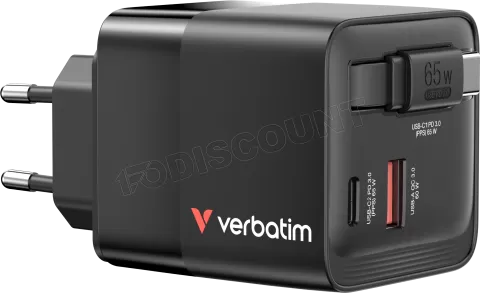 Photo de Chargeur secteur Verbatim GaN 1x ports USB-A + 1x port USB-C 65W avec cable rétractable(Noir)
