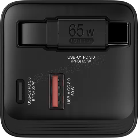 Photo de Chargeur secteur Verbatim GaN 1x ports USB-A + 1x port USB-C 65W avec cable rétractable(Noir)