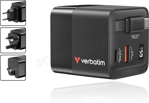 Photo de Chargeur secteur Verbatim GaN 1x ports USB-A + 1x port USB-C 65W avec cable rétractable(Noir)