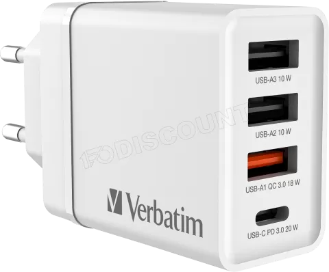 Photo de Chargeur secteur Verbatim GaN 3x ports USB-A + 1x port USB-C 30W (Blanc)