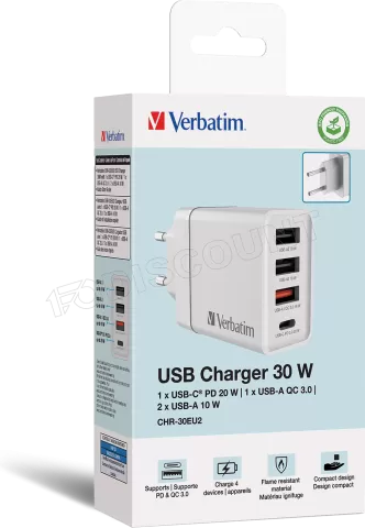 Photo de Chargeur secteur Verbatim GaN 3x ports USB-A + 1x port USB-C 30W (Blanc)