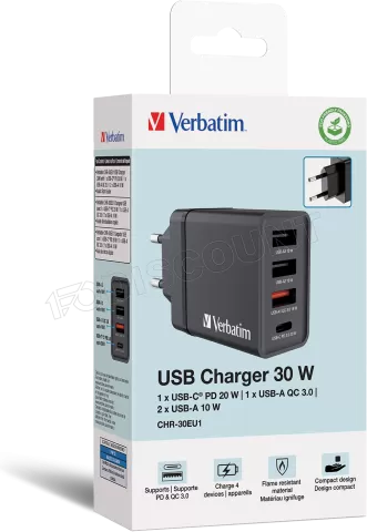 Photo de Chargeur secteur Verbatim GaN 3x ports USB-A + 1x port USB-C 30W (Noir)