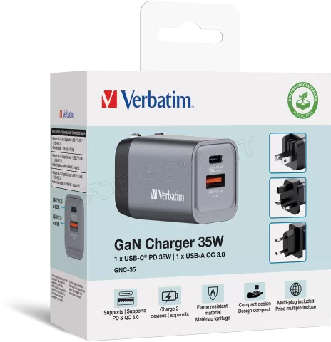 Photo de Chargeur secteur Verbatim GNC 1x port USB-A + 1x port USB-C 35W (Noir)