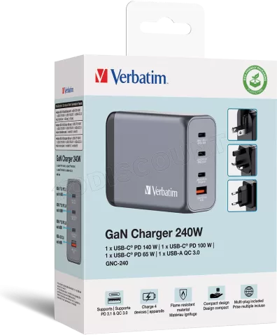 Photo de Chargeur secteur Verbatim GNC 1x port USB-A + 3x ports USB-C 240W (Noir)