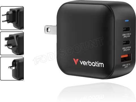 Photo de Chargeur secteur Verbatim Mini GaN 1x USB-A + 2x USB-C 70W (Noir)