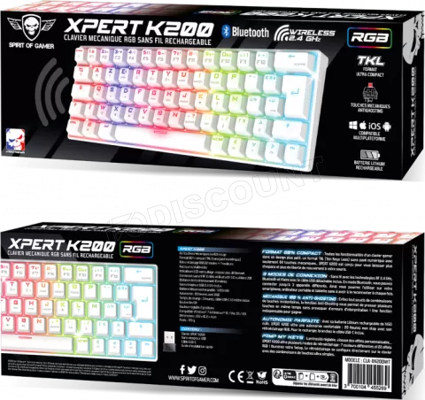 Photo de Clavier Gamer sans fil Bluetooth mécanique (Red Switch) Spirit of Gamer Xpert K200 TKL RGB (Blanc)