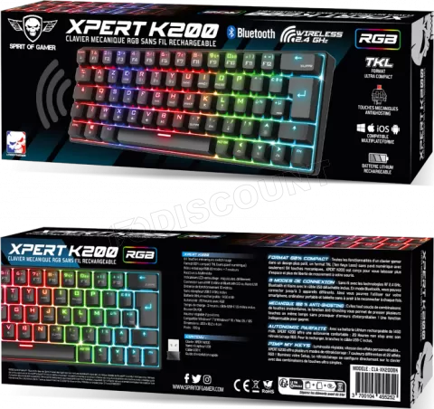 Photo de Clavier Gamer sans fil Bluetooth mécanique (Red Switch) Spirit of Gamer Xpert K200 TKL RGB (Noir)