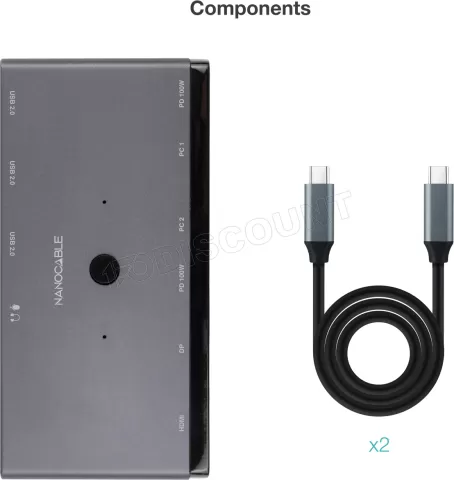Photo de Commutateur KVM 2 Nanocable ports USB-C avec x3 USB-A, x2 USB-C x1 HDMI x1 DisplayPort