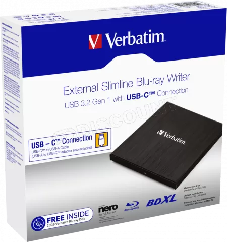 Photo de Graveur Blu-Ray externe USB-C Verbatim Slimline (Noir)