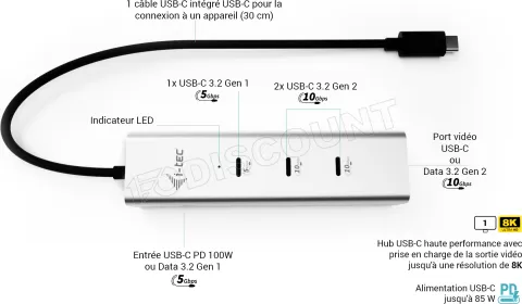Photo de Hub USB-C I-Tec Charging Metal Pro - 5 ports USB-C 3.0 (Gris)