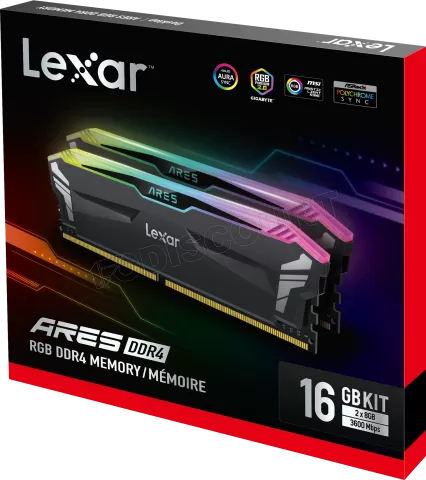 Photo de Kit Barrettes mémoire 16Go (2x8Go) DIMM DDR4 Lexar Ares RGB  3600Mhz (Noir)