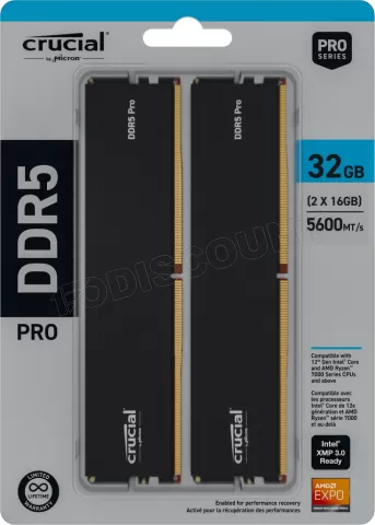 Photo de Kit Barrettes mémoire 32Go (2x16Go) DIMM DDR5 Crucial Pro  5600MHz (Noir)