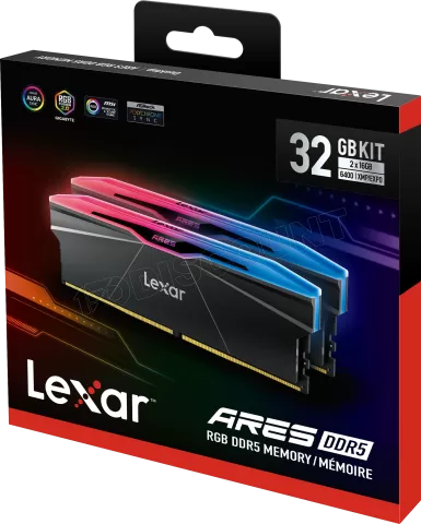 Photo de Kit Barrettes mémoire 32Go (2x16Go) DIMM DDR5 Lexar Ares 2nd Gen RGB 6400MHz C30 (Noir)
