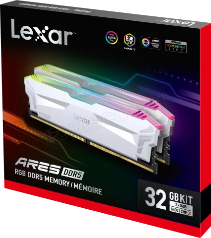 Photo de Kit Barrettes mémoire 32Go (2x16Go) DIMM DDR5 Lexar Ares RGB  6400MHz (Blanc)