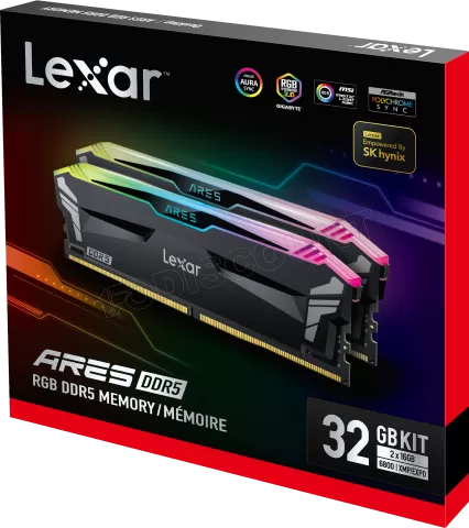 Photo de Kit Barrettes mémoire 32Go (2x16Go) DIMM DDR5 Lexar Ares RGB 6800MHz (Noir)