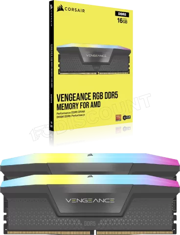 Photo de Kit Barrettes mémoire 64Go (2x32Go) DIMM DDR5 Corsair Vengeance RGB 6000MHz CL40 (Noir)