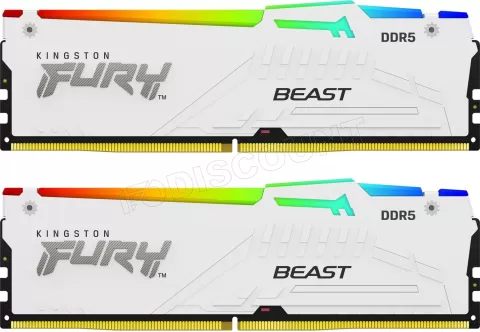 Photo de Kit Barrettes mémoire 64Go (2x32Go) DIMM DDR5 Kingston Fury Beast RGB 5600MHz (Blanc)