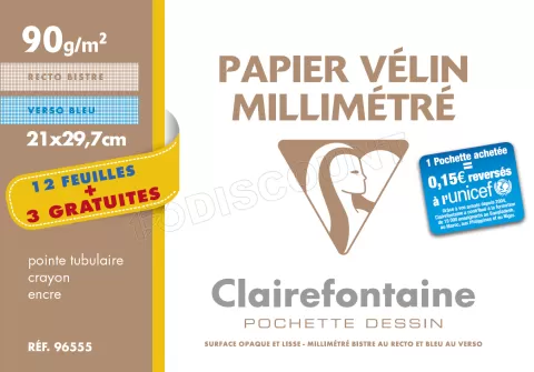 Photo de Lot de 15 feuilles de papier vélin millimétré Canson 90g/m² A4 (Blanc/Bleu)