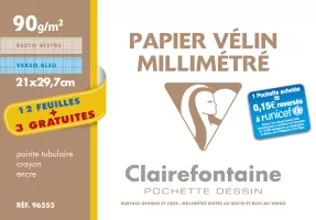 Photo de Lot de 15 feuilles de papier vélin millimétré Canson 90g/m² A4 (Blanc/Bleu)