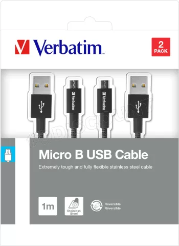 Photo de Lot de 2 Cables USB Verbatim Sync & Charge USB vers micro USB 1m (Noir)