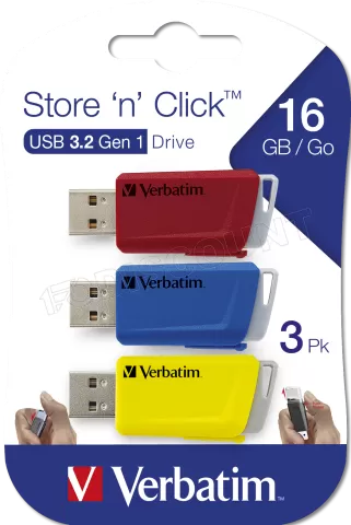 Photo de Lot de 3 Clés USB 3.2 Verbatim Store'N'Click - 16Go (Rouge/Bleu/Jaune)