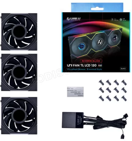 Photo de Lot de 3 Ventilateurs de boitier Lian Li Uni Fan TL LCD Reverse RGB - 12cm (Noir)