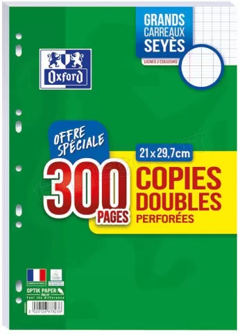 Photo de Lot de 300 Copies doubles perforées Oxford Grands Carreaux 90gr A4