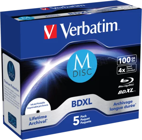 Photo de Lot de 5 M-Disc BD-R XL imprimables Verbatim BDXL - 100Go