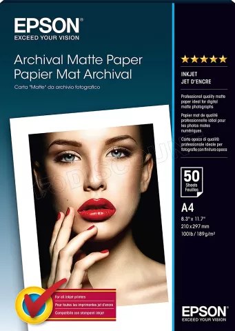 Photo de Lot de 50 feuilles Papier Mat Epson Archival 189g/m² A4