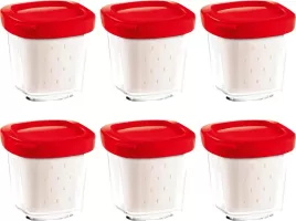 Photo de Lot de 6 pots Seb XF100501 pour yaourtière 140ml avec couvercles (Rouge)