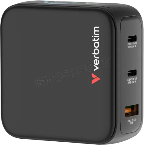 Photo de Mini chargeur secteur Verbatim avec écran x2 USB C + x1 USB A 100w (Noir)