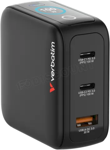 Photo de Mini chargeur secteur Verbatim avec écran x2 USB C + x1 USB A 100w (Noir)