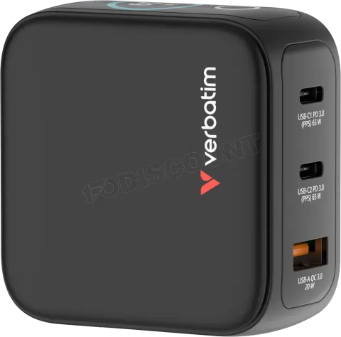 Photo de Mini chargeur secteur Verbatim avec écran x2 USB C + x1 USB A 65w (Noir)